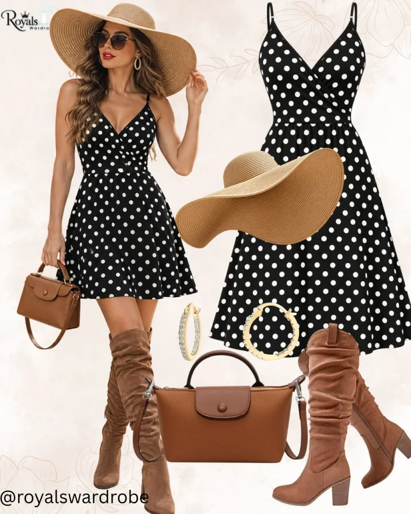 Black and white polka-dot dress styled with light tan knee-high boots and a wide-brim hat