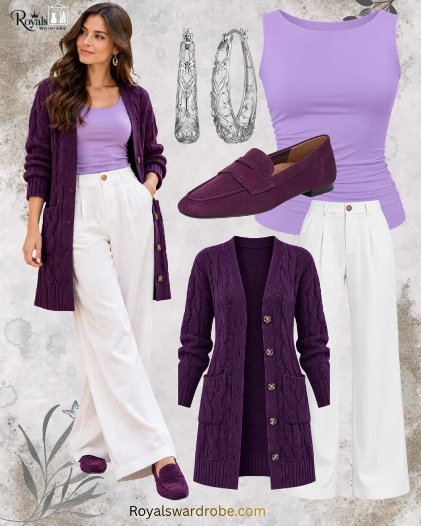 Stylish model wearing a purple cable-knit cardigan, lilac top, white wide-leg linen pants, purple loafers, and silver earrings