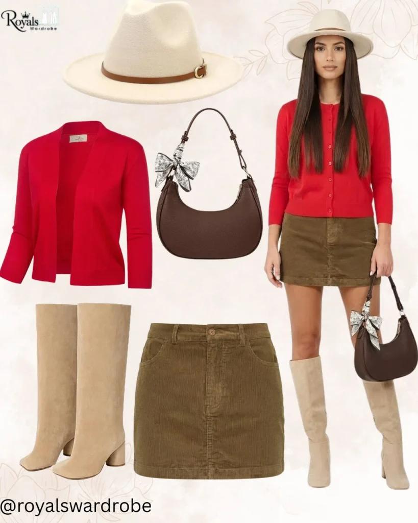 Red cardigan with a brown mini skirt, light tan knee-high boots, and beige hat outfit