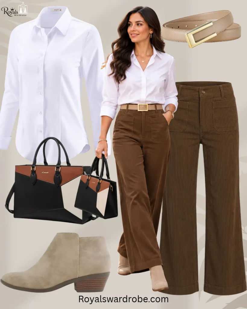Brown pants outfit with white button-down shirt and taupe ankle boots