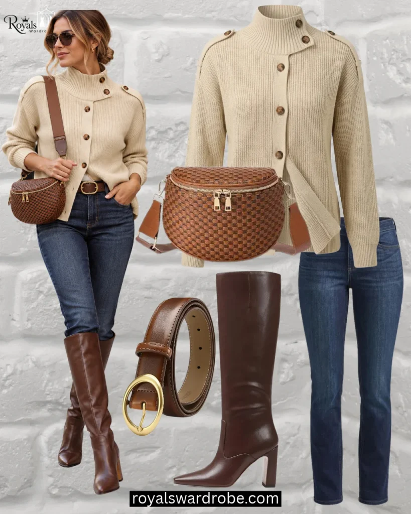 Straight-leg jeans with a cozy sweater and brown over-the-knee boots outfit for Fall.