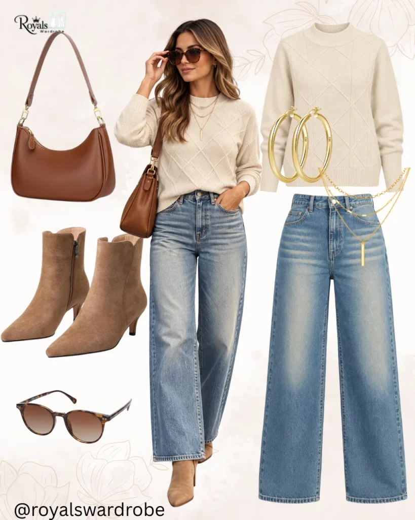 Straight-leg jeans with a cream sweater and light tan ankle boots outfit