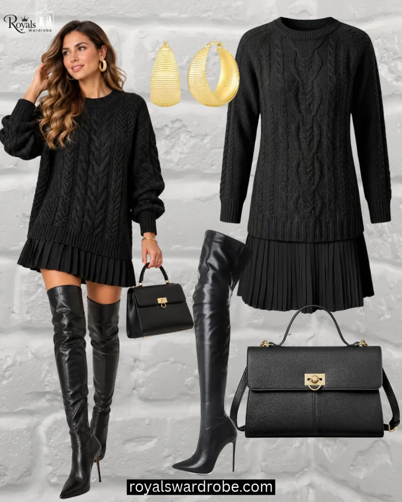Black sweater dress with black over-the-knee boots and handbag, stylish Over-the-Knee Boots Outfits for Fall
