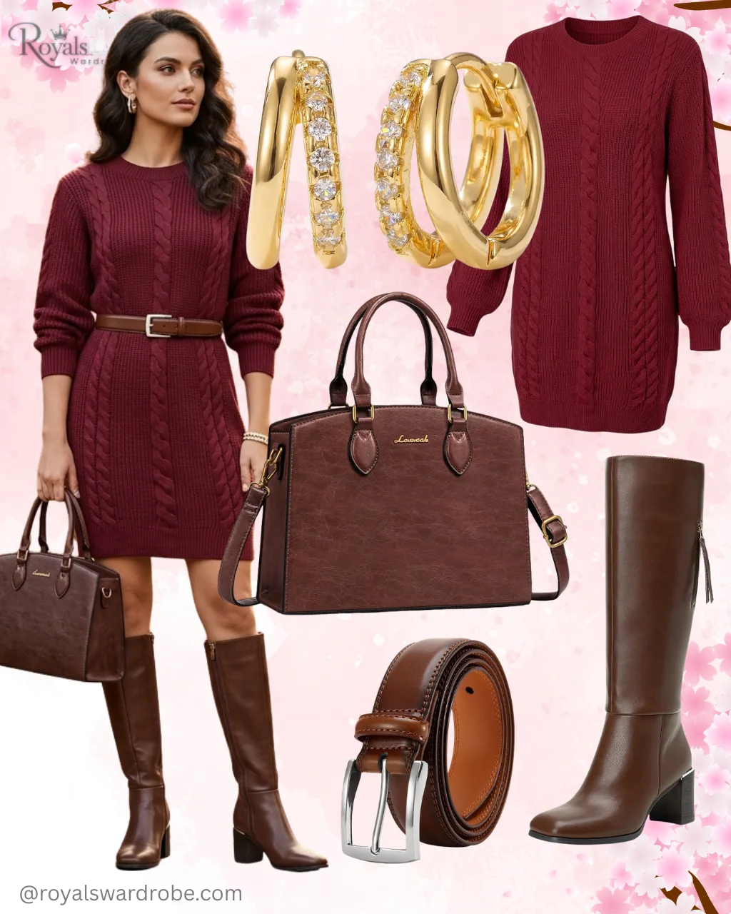 Burgundy sweater dress with brown belt, knee-high boots, structured handbag, and gold hoop earrings for a stylish fall date night outfit