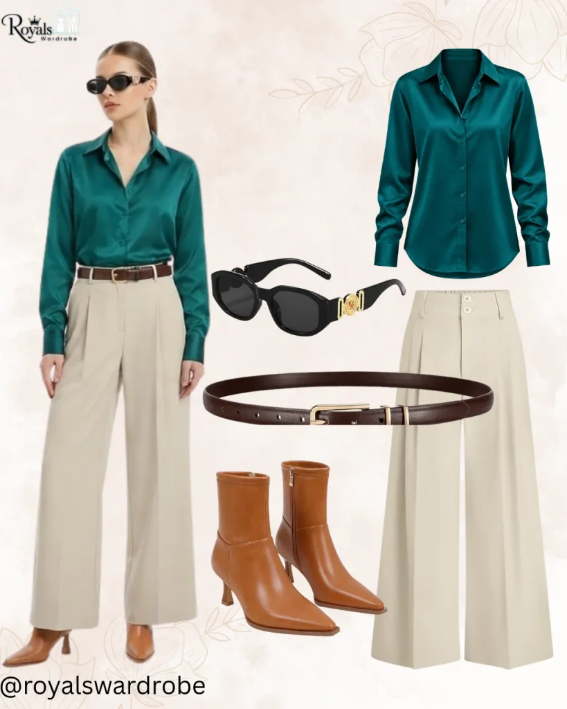 Teal blouse with beige wide-leg pants and light tan ankle boots outfit