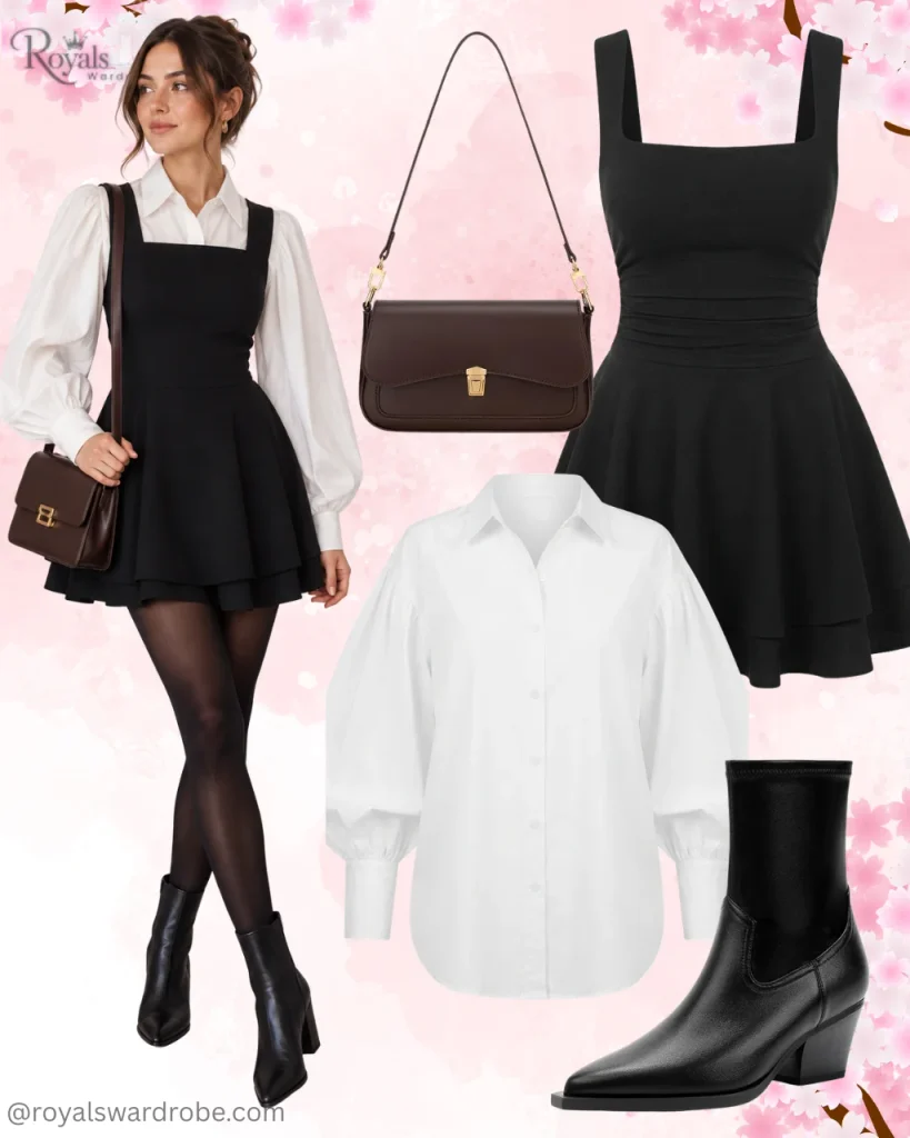 White puff-sleeve blouse layered under a black mini dress with sheer tights, black ankle boots, and brown crossbody bag for a chic fall outfit