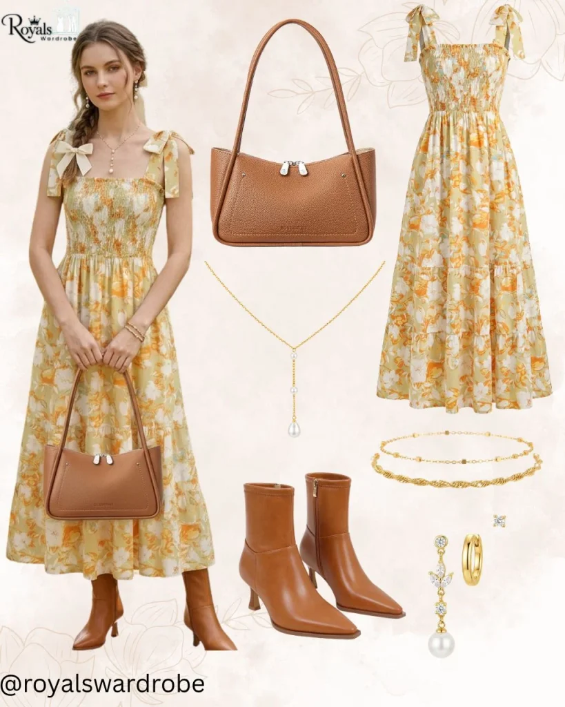 Yellow floral dress styled with light tan ankle boots and a brown leather handbag
