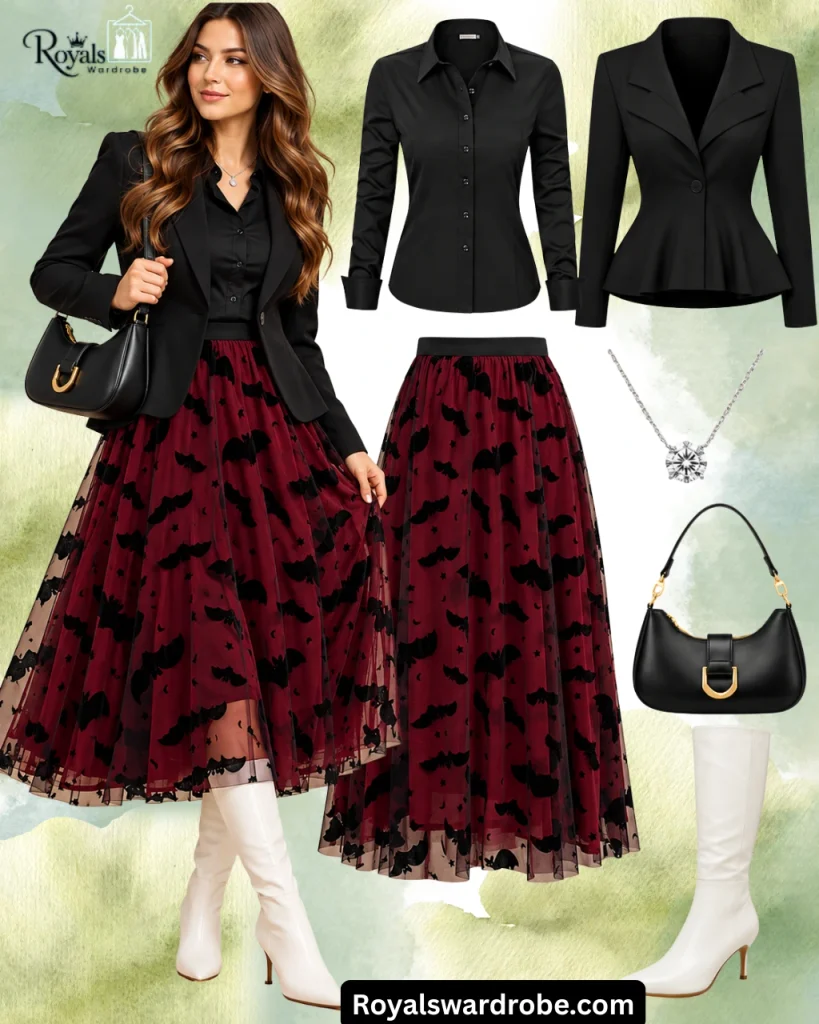 Black blazer and blouse paired with a burgundy bat-print tulle skirt, white knee-high boots, a black handbag, and a silver pendant necklace.