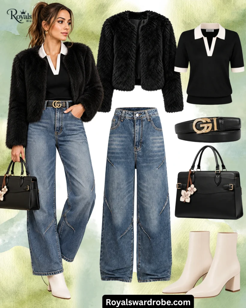 Black boots outfit with a shirt, jacket, blue jeans, matching belt, and handbag for a stylish casual look.