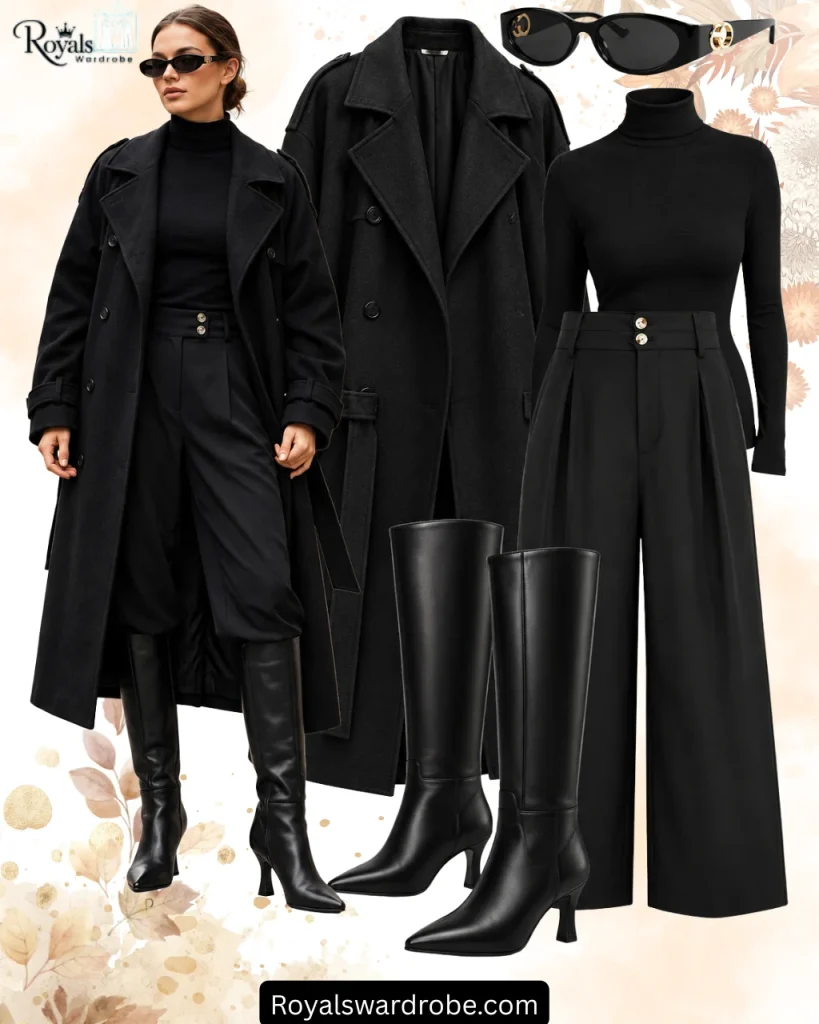 Black calf boots outfit featuring a long black coat, black turtleneck, tailored wide-leg trousers, knee-high black leather boots, and black cat-eye sunglasses in a chic winter fashion collage.