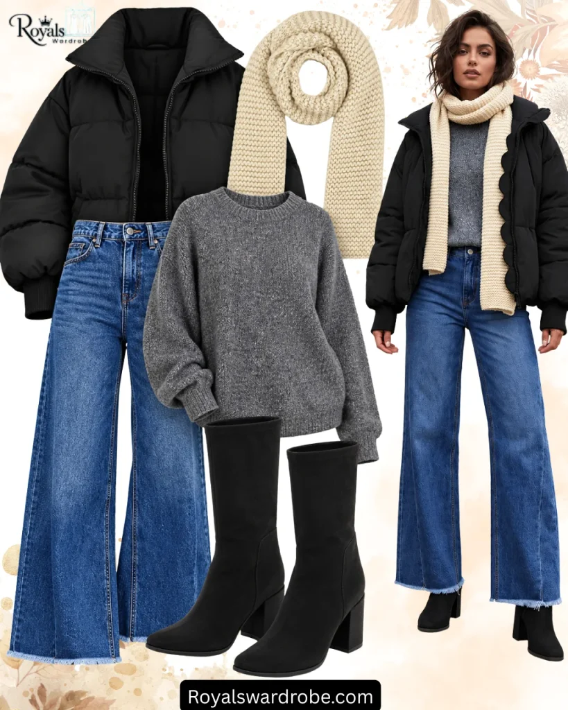 Black calf boots outfit with a black puffer jacket, gray knit sweater, cream chunky scarf, wide leg blue jeans, and black heeled boots in a stylish winter fashion collage.
