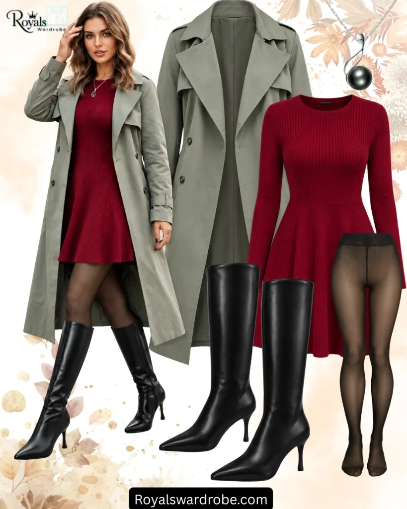 Black calf boots outfit featuring a burgundy ribbed dress, sage green trench coat, sheer black stockings, black knee high boots, and a silver pendant necklace in a stylish winter fashion collage.