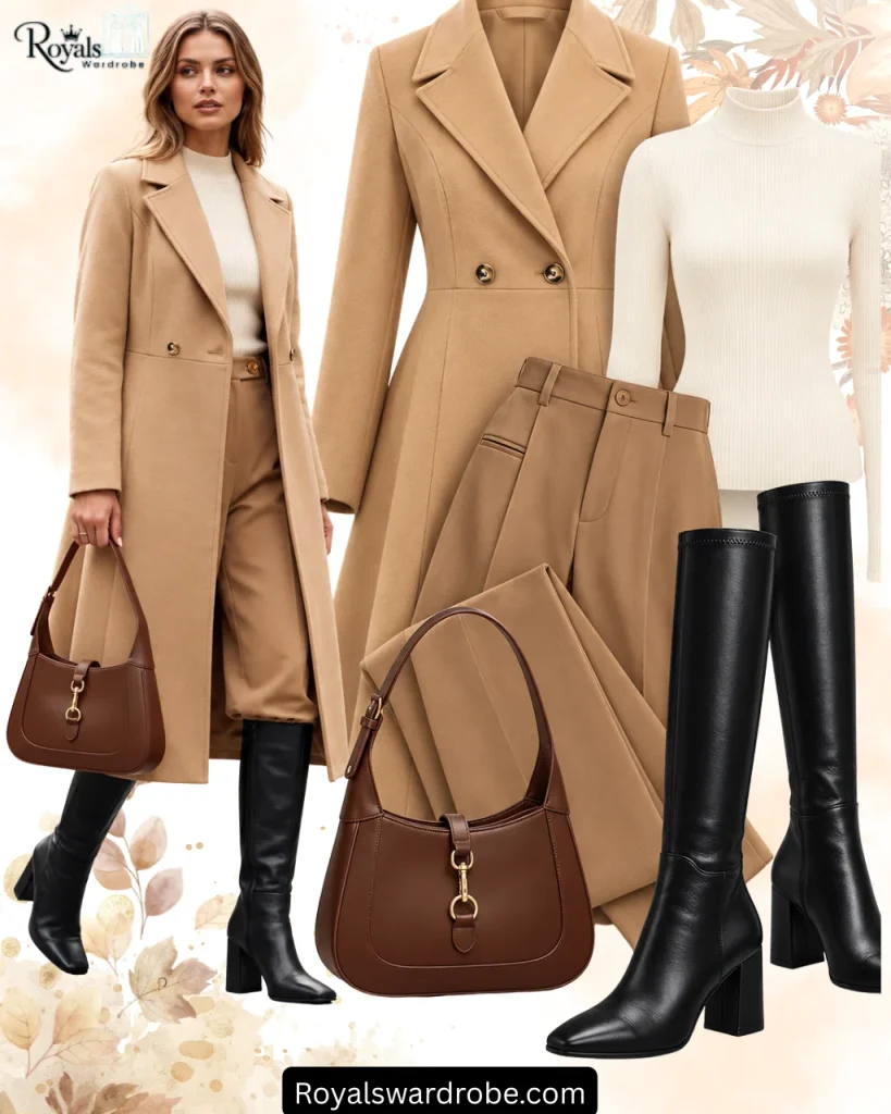 Black calf boots outfit with a camel coat, ivory ribbed turtleneck, camel wide leg trousers, and brown handbag, displayed in a stylish winter fashion collage.