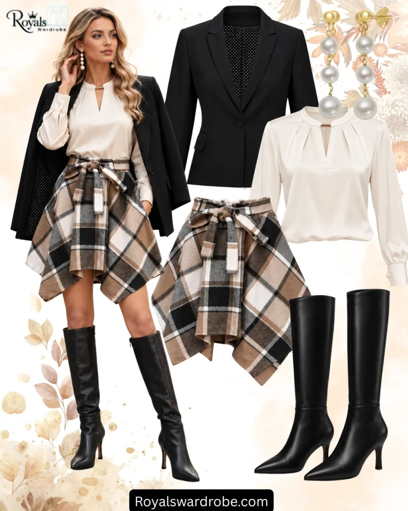 Black calf boots outfit with a beige plaid skirt, ivory blouse, black blazer, and pearl drop earrings, styled with bare legs in an autumn fashion collage.