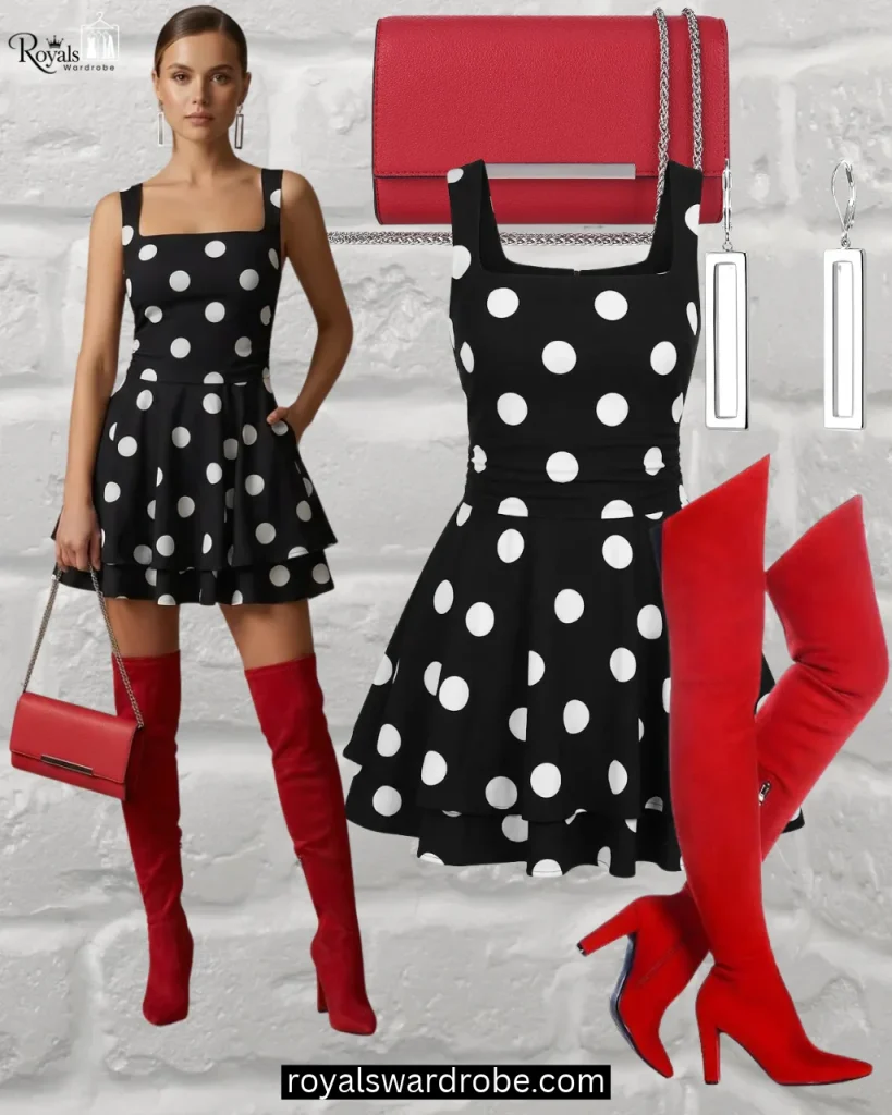 Black polka-dot mini dress with red over-the-knee boots, red handbag, and silver earrings