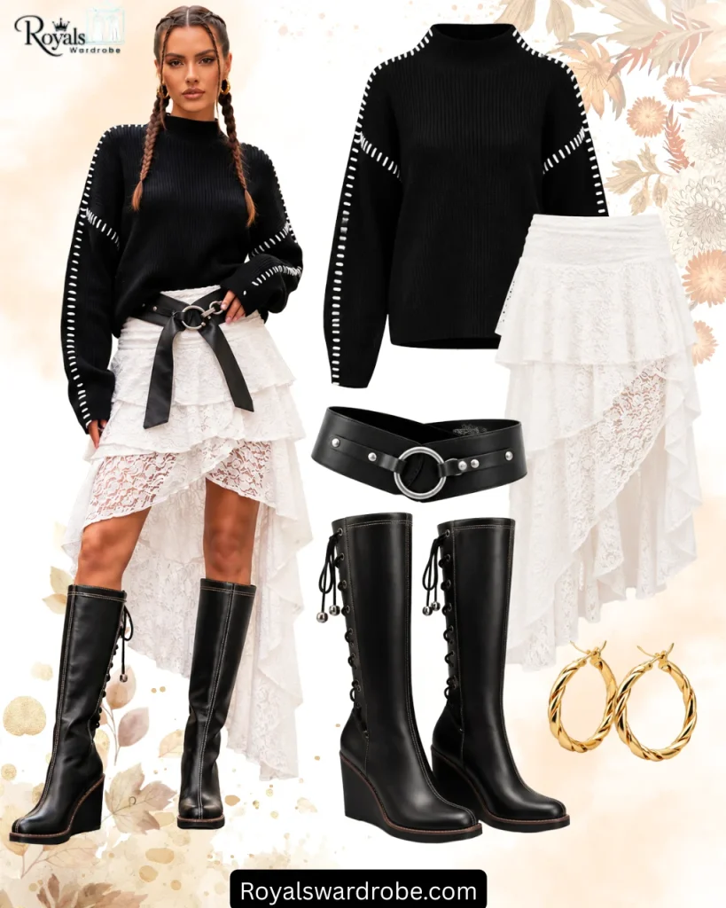 Black sweater and white lace skirt fall outfit collage featuring knee-high black wedge boots, a black ring buckle belt, gold hoop earrings, and a stylish street-style model.