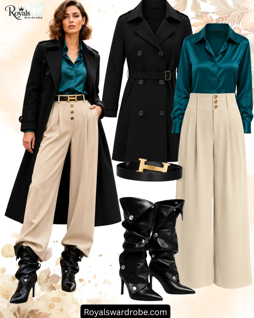 Woman wearing a black trench coat, teal satin blouse, beige wide-leg trousers, gold-buckle belt, and black slouchy boots.