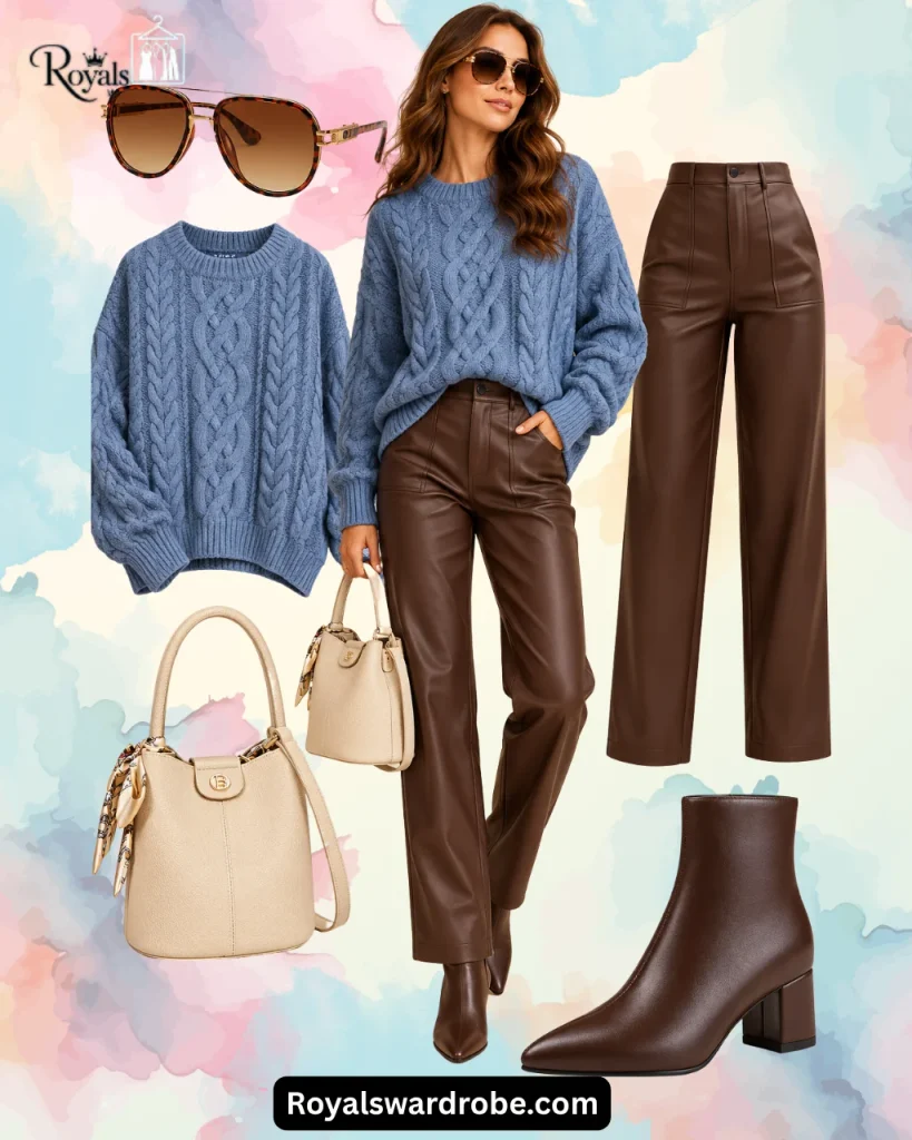 Woman wearing a blue cable-knit sweater with chocolate brown pants, brown ankle boots, a cream handbag, and tortoiseshell sunglasses for a chic fall outfit.