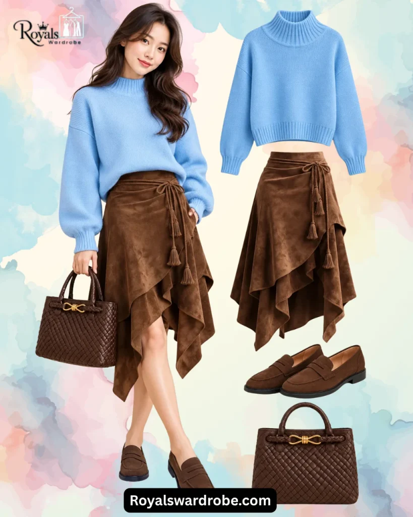 Woman wearing a blue knit sweater with a brown leather wrap skirt, brown loafers, and a chocolate brown woven tote bag for a chic fall outfit.