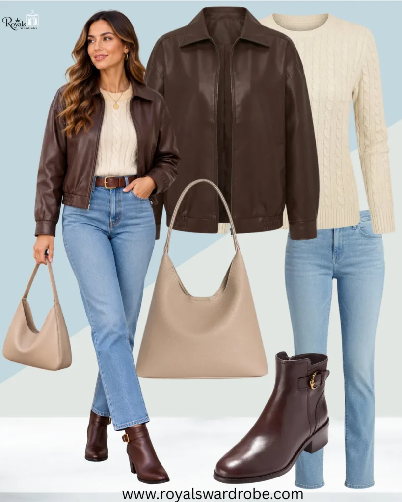 Brown ankle boots with a leather jacket and jeans for a stylish fall outfit