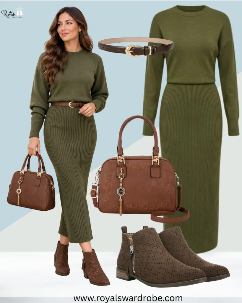 Brown ankle boots with an olive green sweater dress for a cozy fall outfit