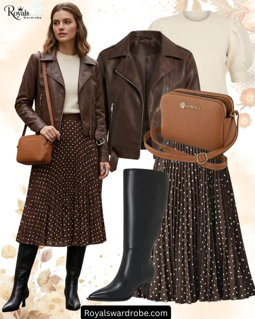 Autumn fashion collage featuring a model wearing a dark brown leather jacket, cream sweater, brown polka dot pleated midi skirt, black knee high boots, and a tan crossbody bag