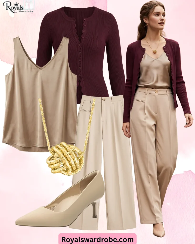 Burgundy cardigan with beige camisole, wide-leg pants, cream heels and gold chain bag outfit