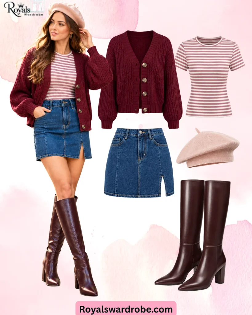 Burgundy cardigan outfit with striped top, denim mini skirt, pink beret, and burgundy knee-high boots