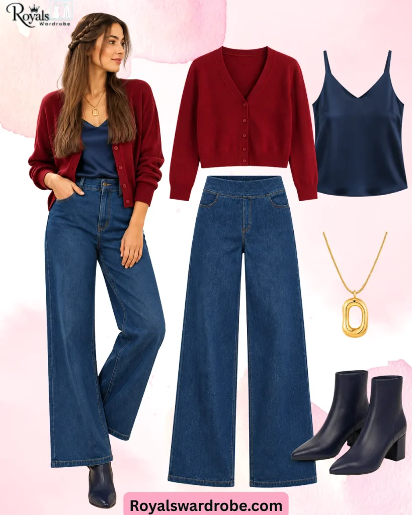 Woman wearing a burgundy cardigan, navy satin camisole, wide-leg blue jeans, and navy ankle boots with a gold pendant necklace