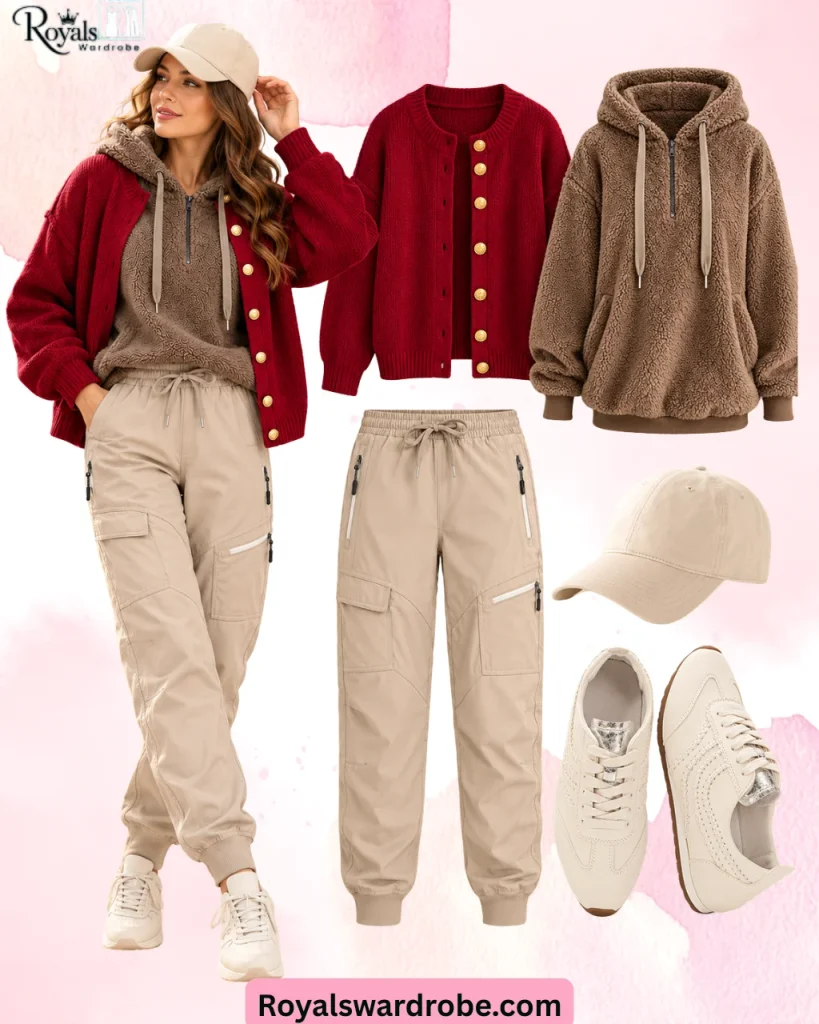 Casual street outfit with a burgundy knit cardigan, brown sherpa hoodie, beige cargo joggers, cream baseball cap, and white sneakers