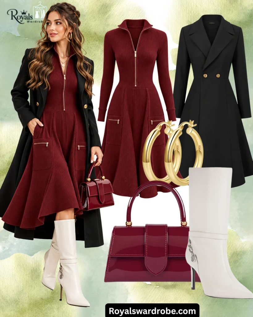 Burgundy ribbed midi dress styled with a black long coat, white knee-high boots, burgundy handbag, and gold hoop earrings.