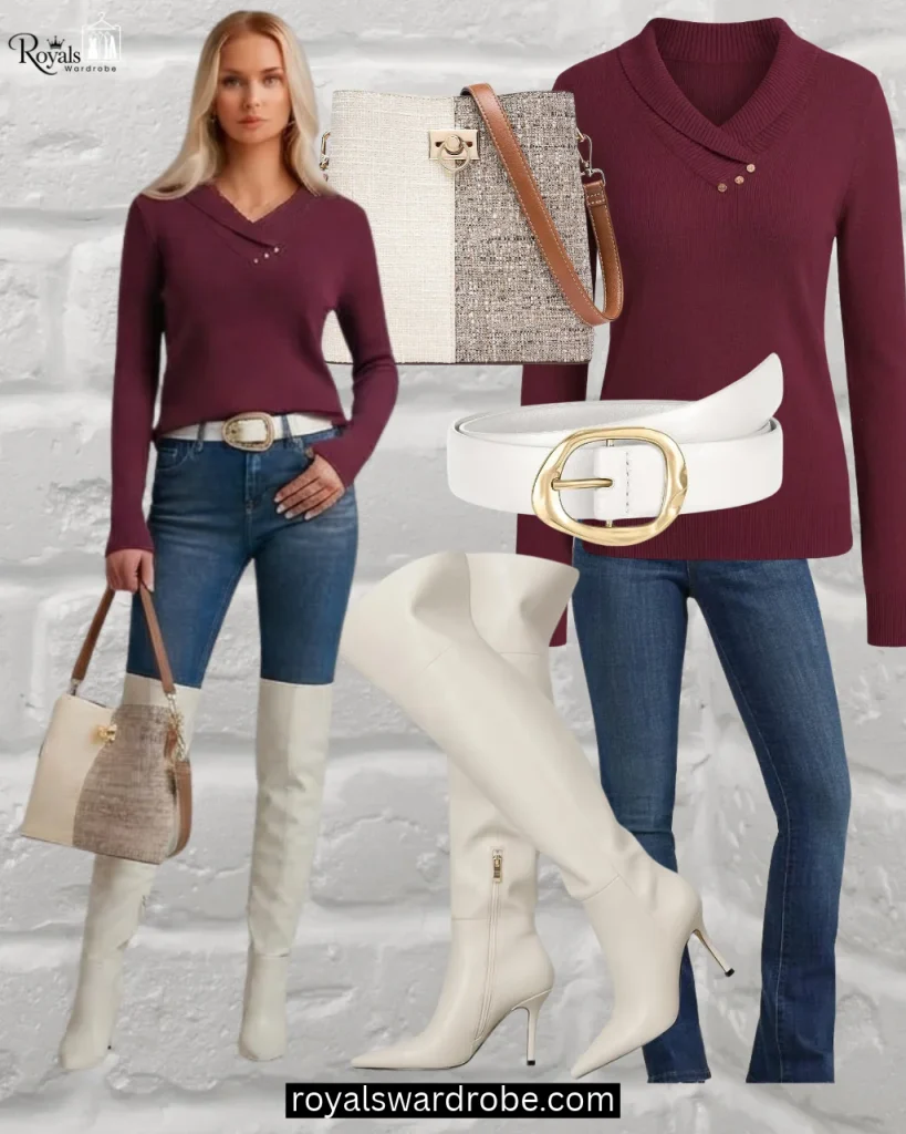 Burgundy knit sweater with slim blue jeans, white over-the-knee boots, white belt, and structured handbag