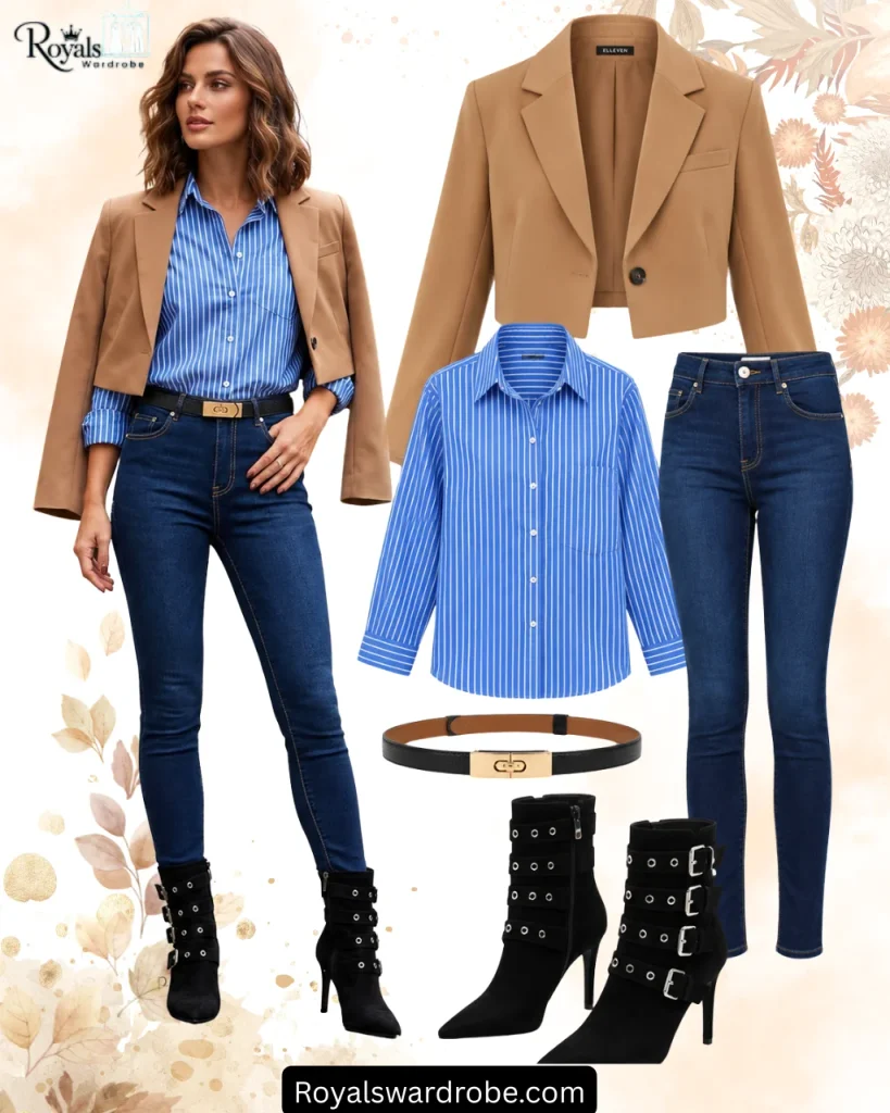 Fall outfit collage featuring a model wearing a camel cropped blazer, blue striped shirt, dark blue jeans, black and gold belt, and black buckle ankle boots, with matching gold earrings and a brown embossed shoulder bag