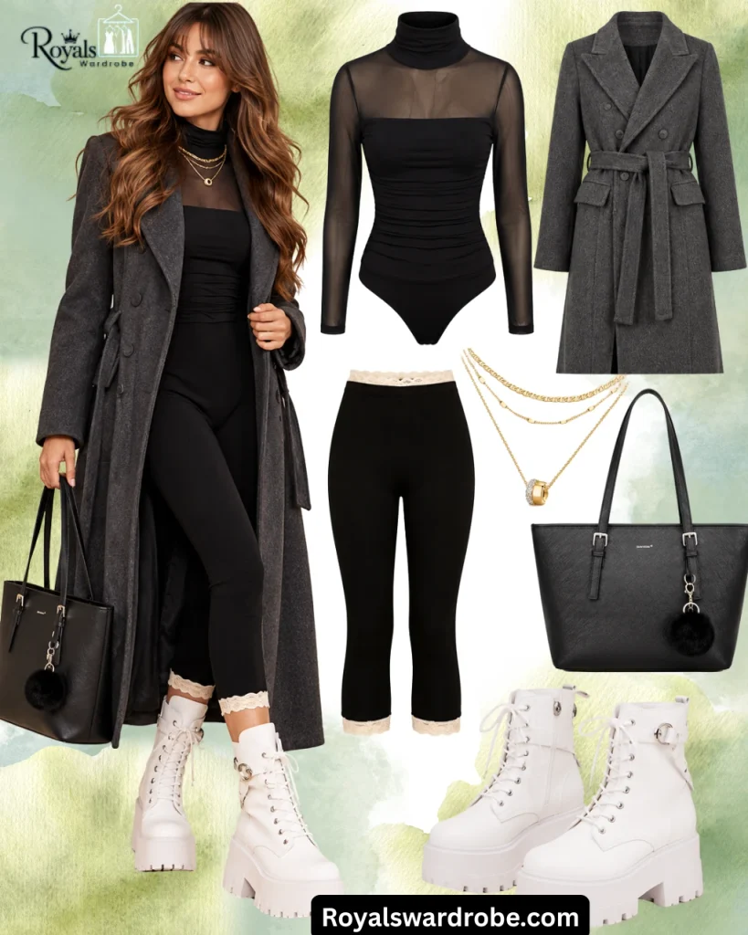Woman wearing a charcoal gray long coat, black sheer turtleneck, black lace-trim leggings, white platform combat boots, and layered gold necklaces with a black tote bag.