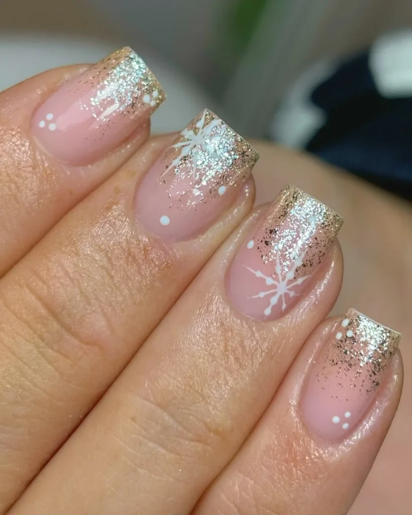 Christmas glitter ombre featuring a milky white base fading into silver glitter tips with delicate rhinestone accents on square and almond nails.