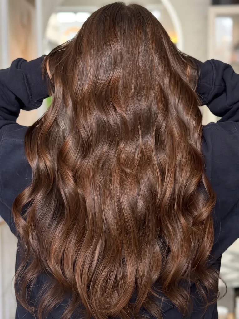Long wavy cinnamon truffle brown hair with soft caramel balayage highlights