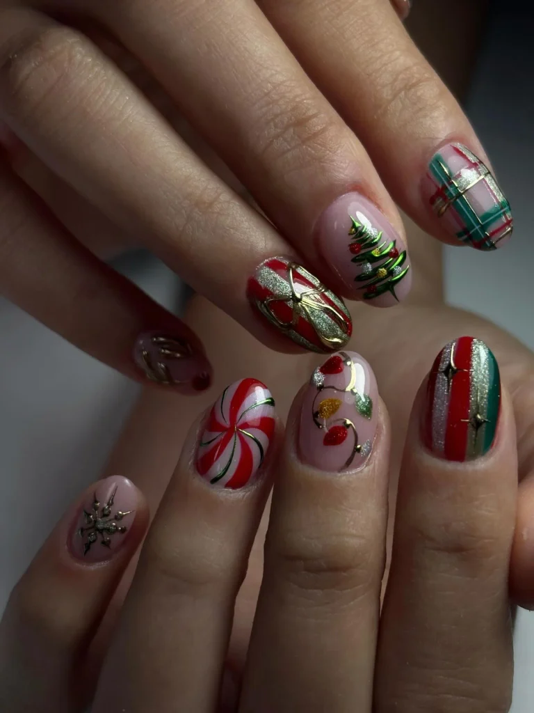 Classy Christmas short nail designs featuring a miniature Christmas tree, red and green plaid, gold glitter gift-wrap details, candy-cane swirls, and delicate snowflake accents.