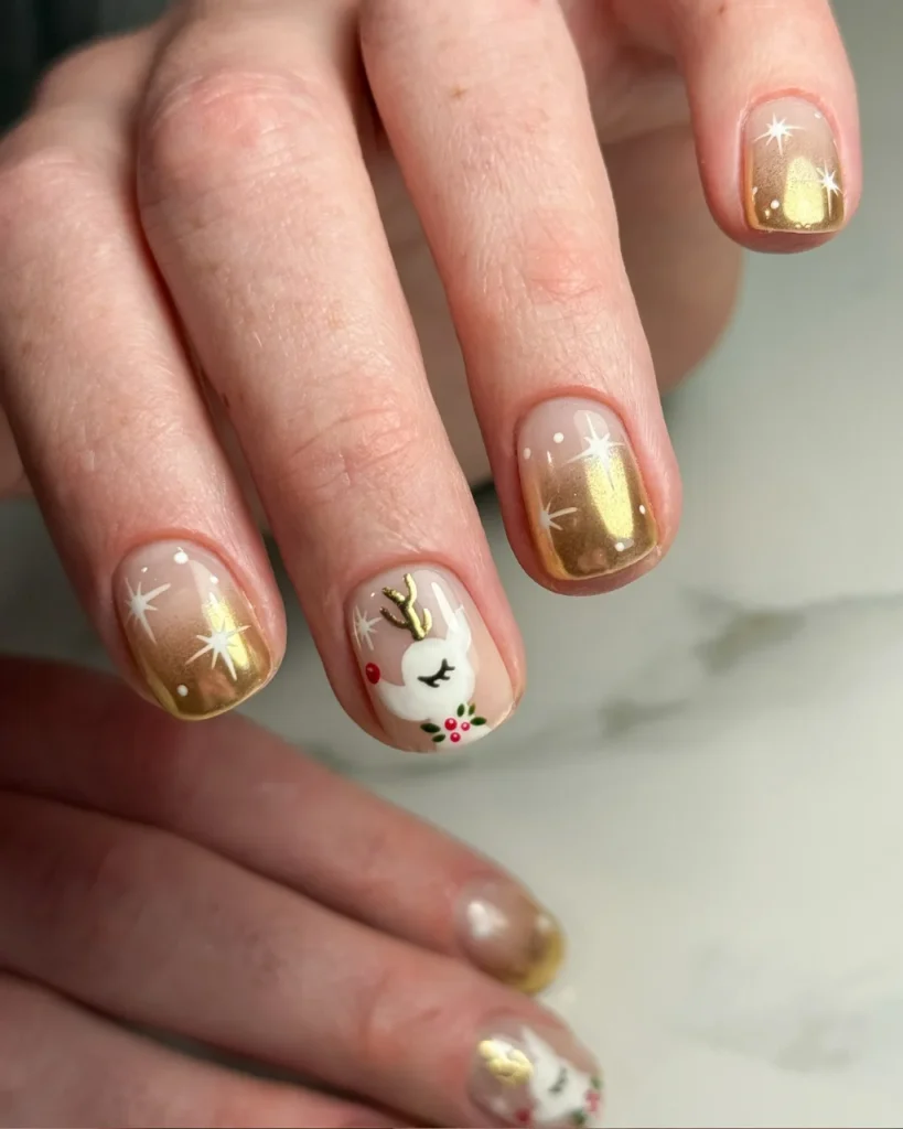 Classy Christmas short nail designs with gold shimmer, delicate white stars, and a cute reindeer accent on a nude base.