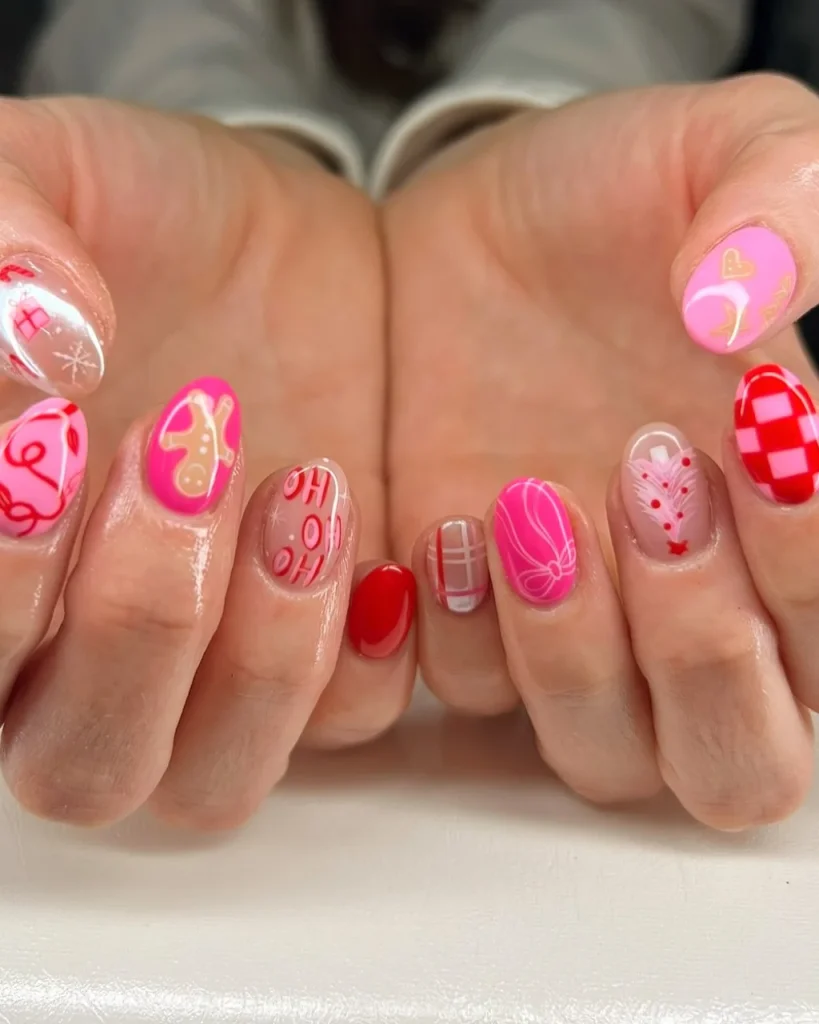 Classy Christmas short nail designs featuring hot pink and red polish, gingerbread art, candy-cane accents, plaid patterns, gift bows, and festive lettering.