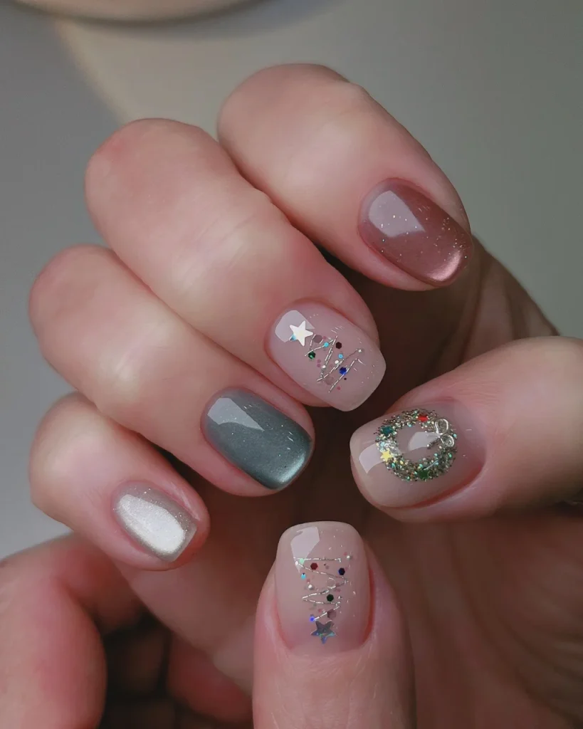 Classy Christmas short nail designs featuring muted silver chrome, pearly white shimmer, a glitter Christmas wreath, and delicate multicolored star accents on nude pink nails.