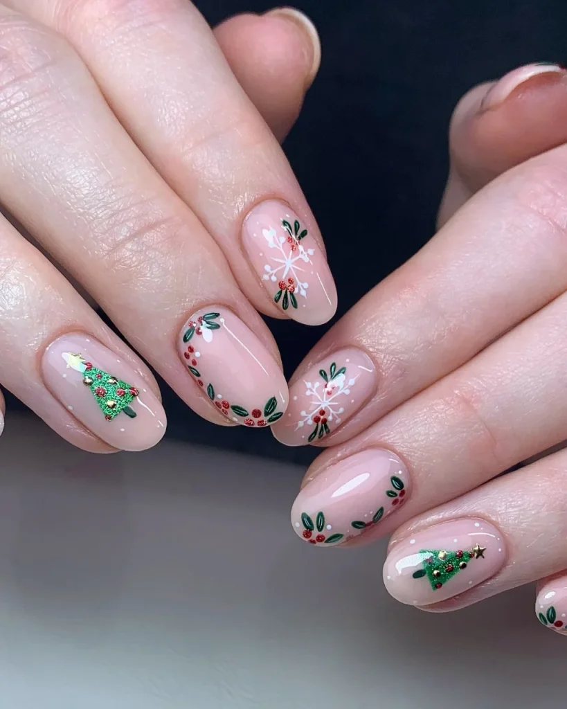 Classy Christmas short nail designs with a sheer pink base, white snowflakes, tiny green holly leaves, red berries, and glittery Christmas trees.