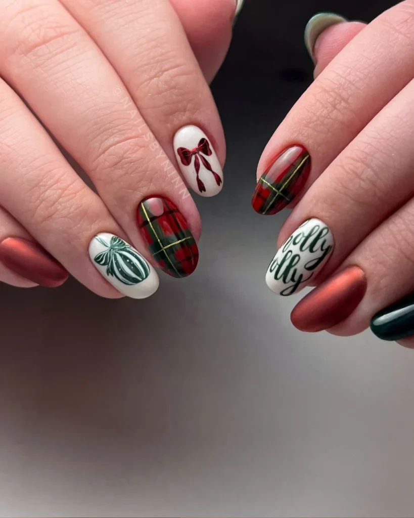 Classy Christmas short nail designs featuring red and green plaid, burgundy bows, green ribbon art, and festive lettering on cream nails.