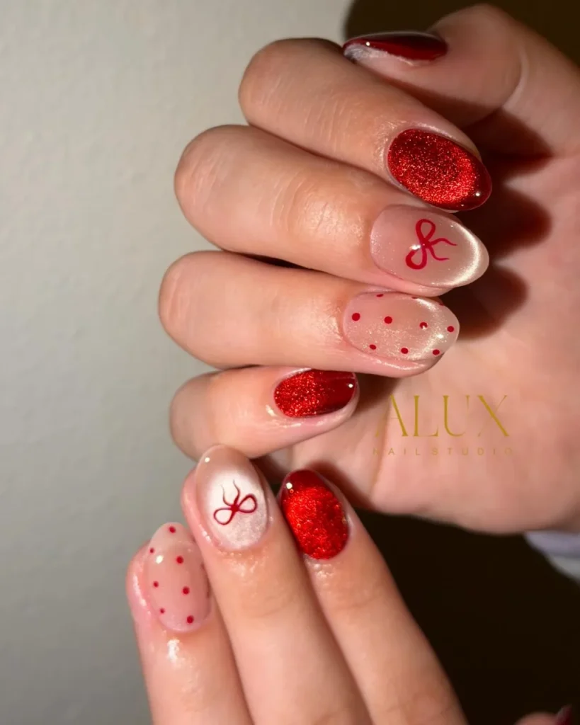 Classy Christmas short nail designs featuring sparkling red glitter polish, sheer pink nails, delicate red bows, and festive polka dots.