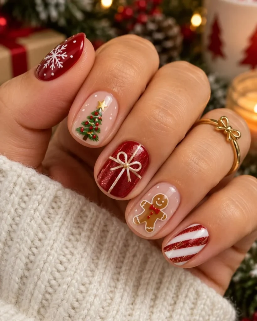 Classy Christmas short nail designs featuring burgundy snowflake nails, a red glitter gift-wrap accent, a miniature Christmas tree, gingerbread art, and candy-cane stripes.