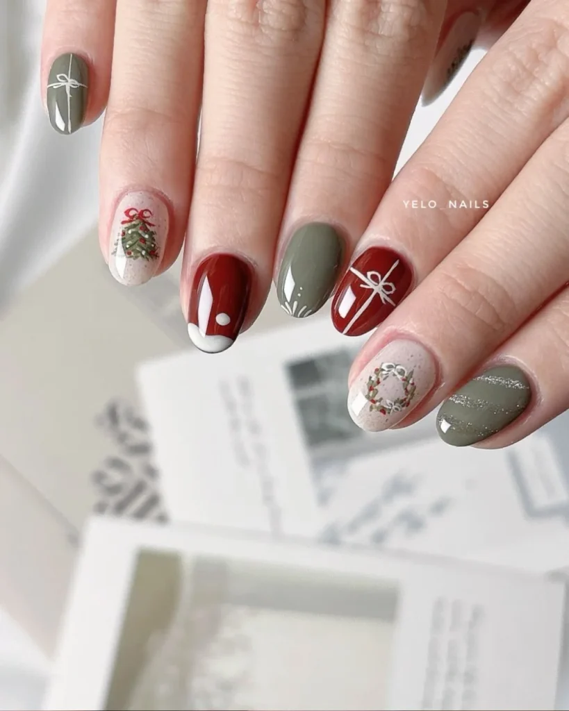 Classy Christmas short nail designs featuring sage green, deep red, white gift bows, and festive Christmas tree and wreath accents.
