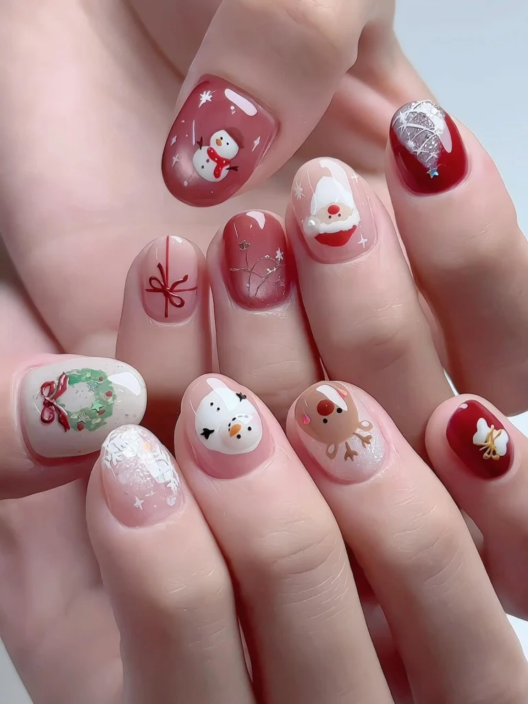 Classy Christmas short nail designs featuring Santa Claus, snowmen, festive wreaths, gift bows, and red and blush pink polish.