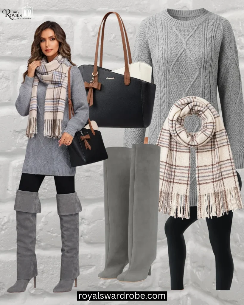 Gray sweater dress with black leggings, plaid scarf, gray over-the-knee boots, and black handbag