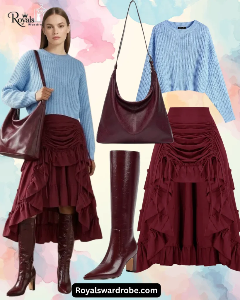 Cozy sweater paired with a skirt, tall boots, and a stylish handbag for a chic fall outfit.