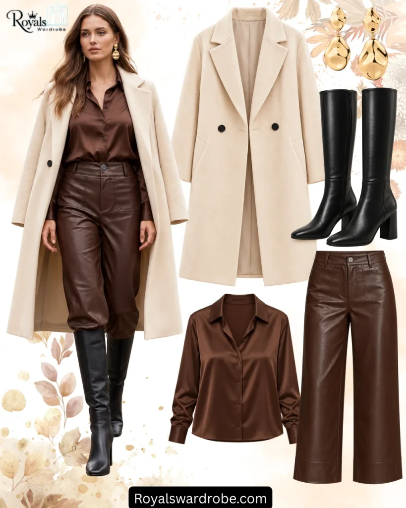 Woman wearing a cream long coat, chocolate brown satin blouse, brown leather trousers, black knee high boots, and gold statement earrings for a stylish fall outfit.