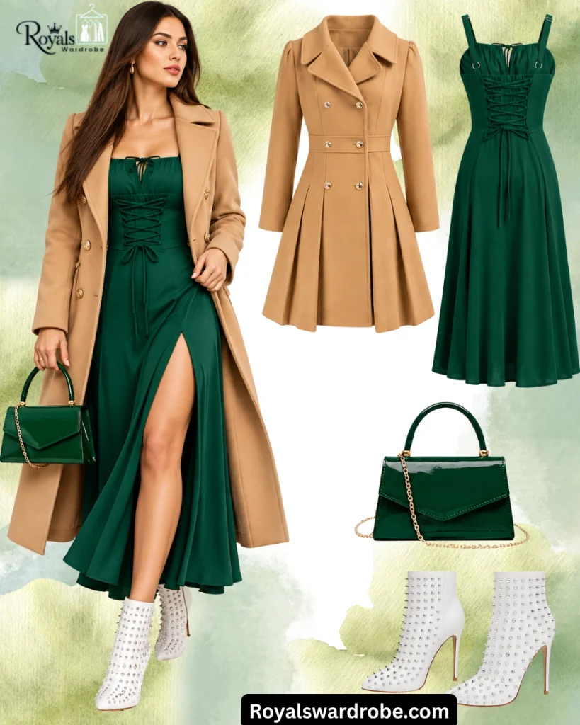 Woman wearing an emerald green dress with a camel coat, white statement boots, and a matching dark green handbag for an elegant fall outfit.
